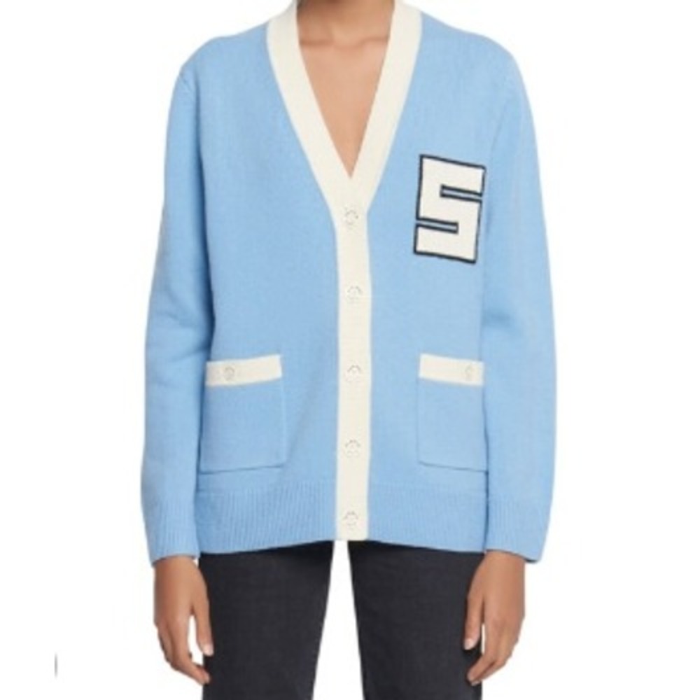 Sandro Paris Light Blue 100% Wool Varsity Cardigan Sweater Size 2 Medium Preppy